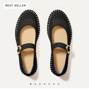 Rothy's Black Espadrille Mary Jane Flats with Gold Buckle